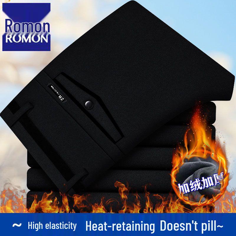 Romon Men's Fleece-lined Straight-leg Casual Pants - High Elastic, Iron-free, Thickened for Autumn/Winter.