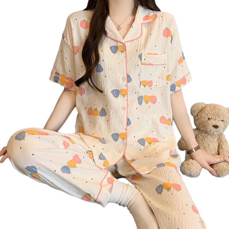 Dopamine Cute Little Pumpkin Cloud Cotton Pajamas Women'S Summer Short Sleeves Trousers High-End Loungewear