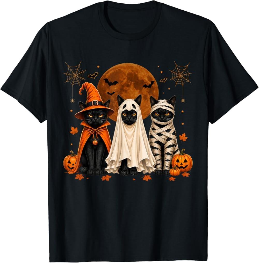 Halloween Black Cats Witch Ghost Mummy Pumpkin Spooky Printed T-Shirt
