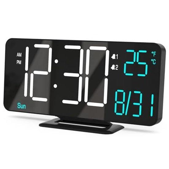 KOSUMOSU Alarm Clock Bedroom LED 6.7 Inch Black Digital Dual Date Seconds Day Week 12 24 Hour Dimmer Temperature Calendar Table Living Room