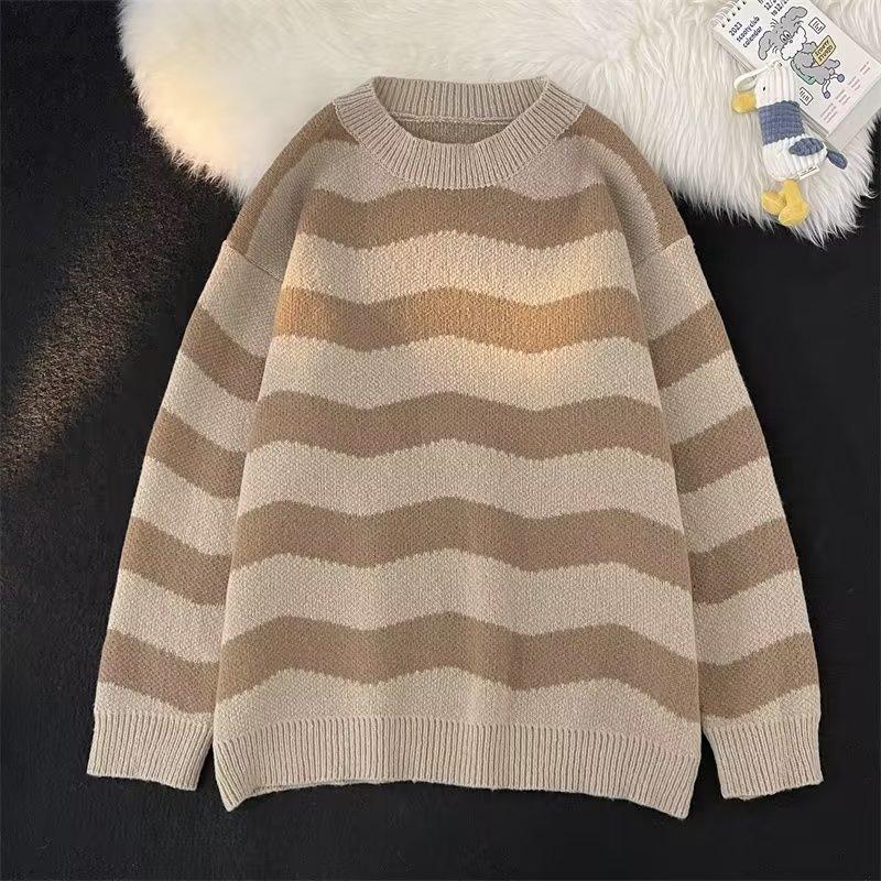 Hong Kong style retro striped casual sweater men s autumn and winter new trendy brand lazy style loose Korean versatile knitted sweater XXL