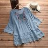 Summer Elegant Holiday Blouse Women Casual Loose Top Cotton Linen Stitching Lace Flower V Neck Solid Tops Shirt