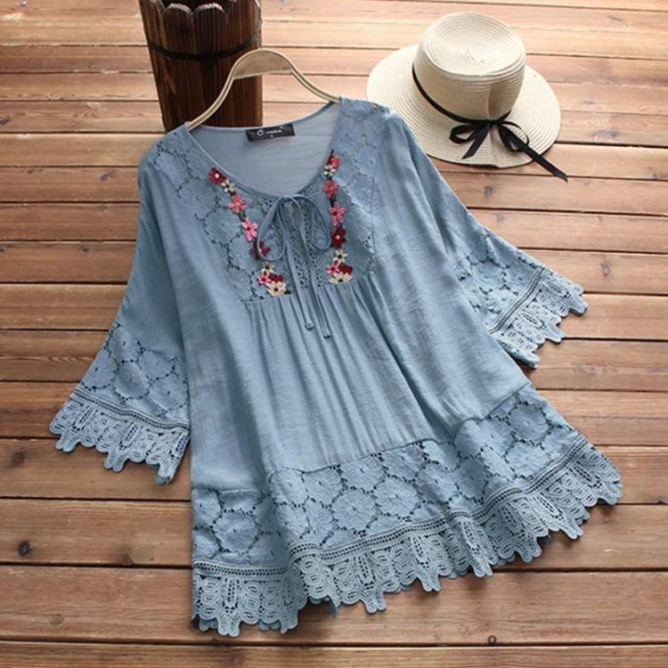 Summer Elegant Holiday Blouse Women Casual Loose Top Cotton Linen Stitching Lace Flower V Neck Solid Tops Shirt