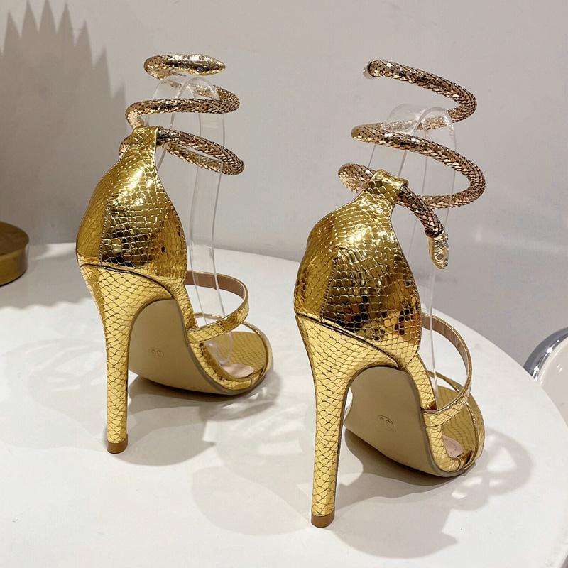 Eilyken Design Style Snake Print Leather Twining Ankle Strap Women Sandals Sexy Open Toe Stiletto High Heels Stripper Shoes
