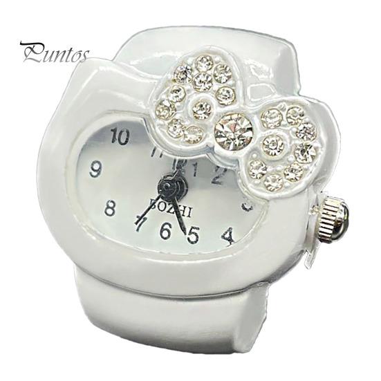 Cat Shape Ring Watch Cartoon Finger Rhinestone Bowknot Elastic Stainless Steel Band Women Birthday Gift Fashion Accessories