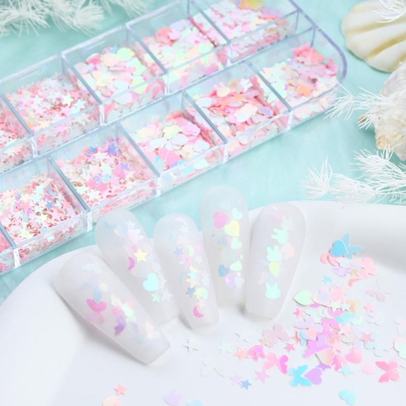 Nail Embellishments Nail Sequins Colorful Nail Glitter Paillette Mixed Size Nail Art Stickers for Nail Decors 12-Grid