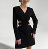 V-Neck Solid Color Hollow Out Dress for Women Spring Summer Long Sleeves A-Line Dress Zipper Office Ladies Dresses