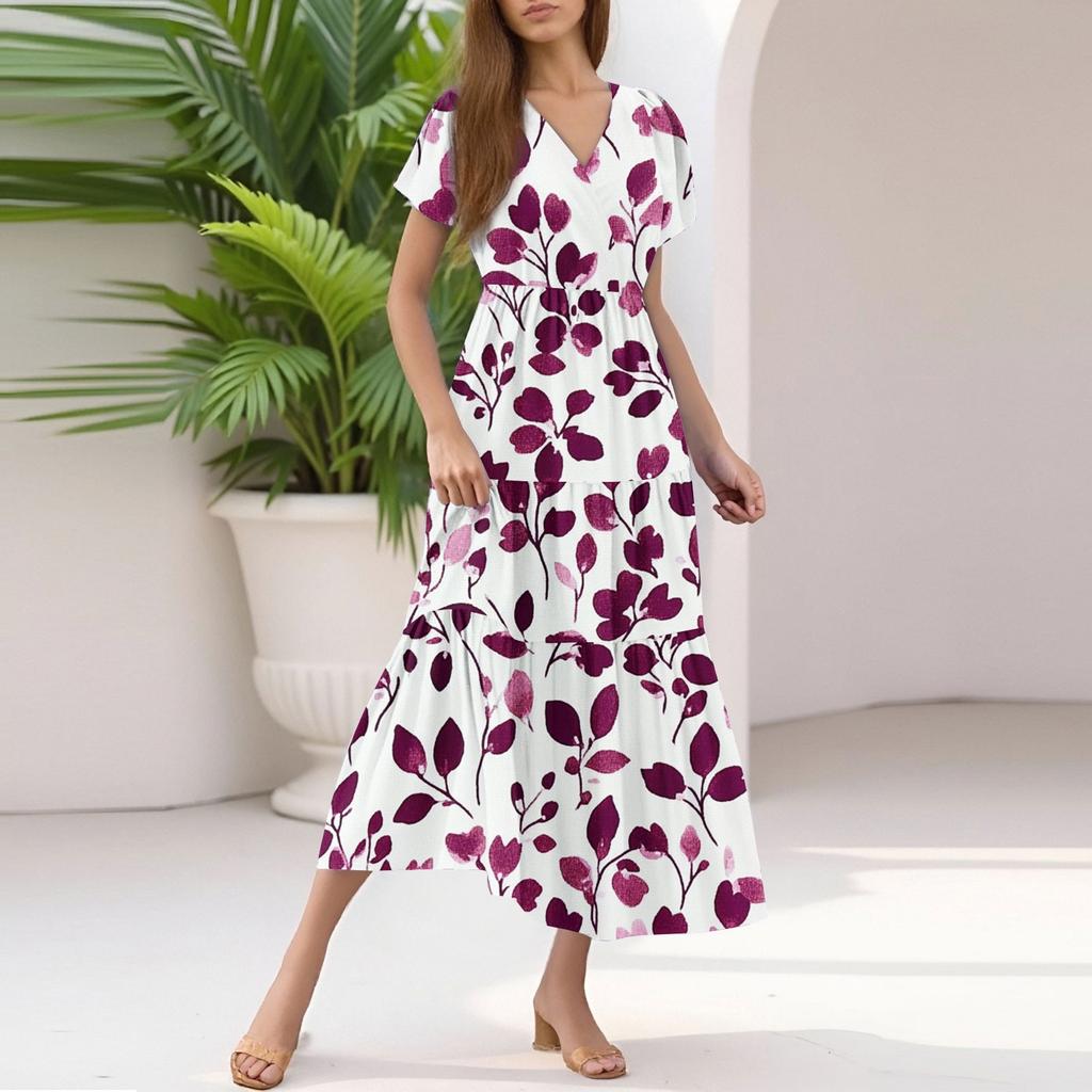 Damen Sommer Casual Mode V-Ausschnitt Rüschenärmel Blumendruck Midi-Kleid