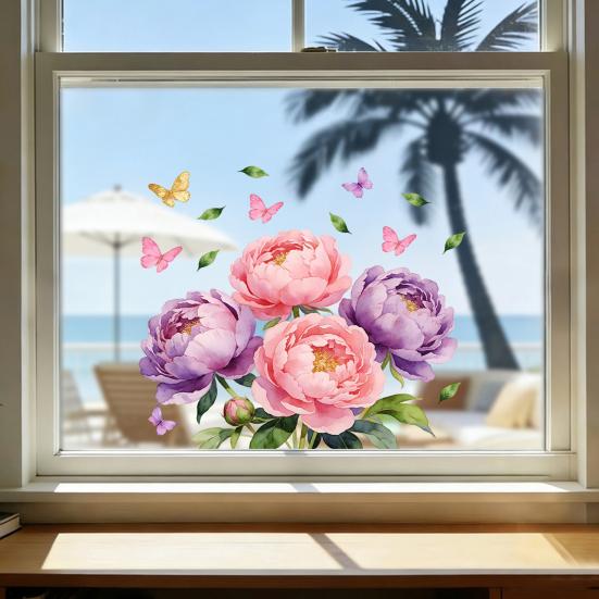 Watercolor Peony Flower Window Cling Floral Butterfly Window Sticker Static PVC Glass Doors Decals for Home Office Living Room