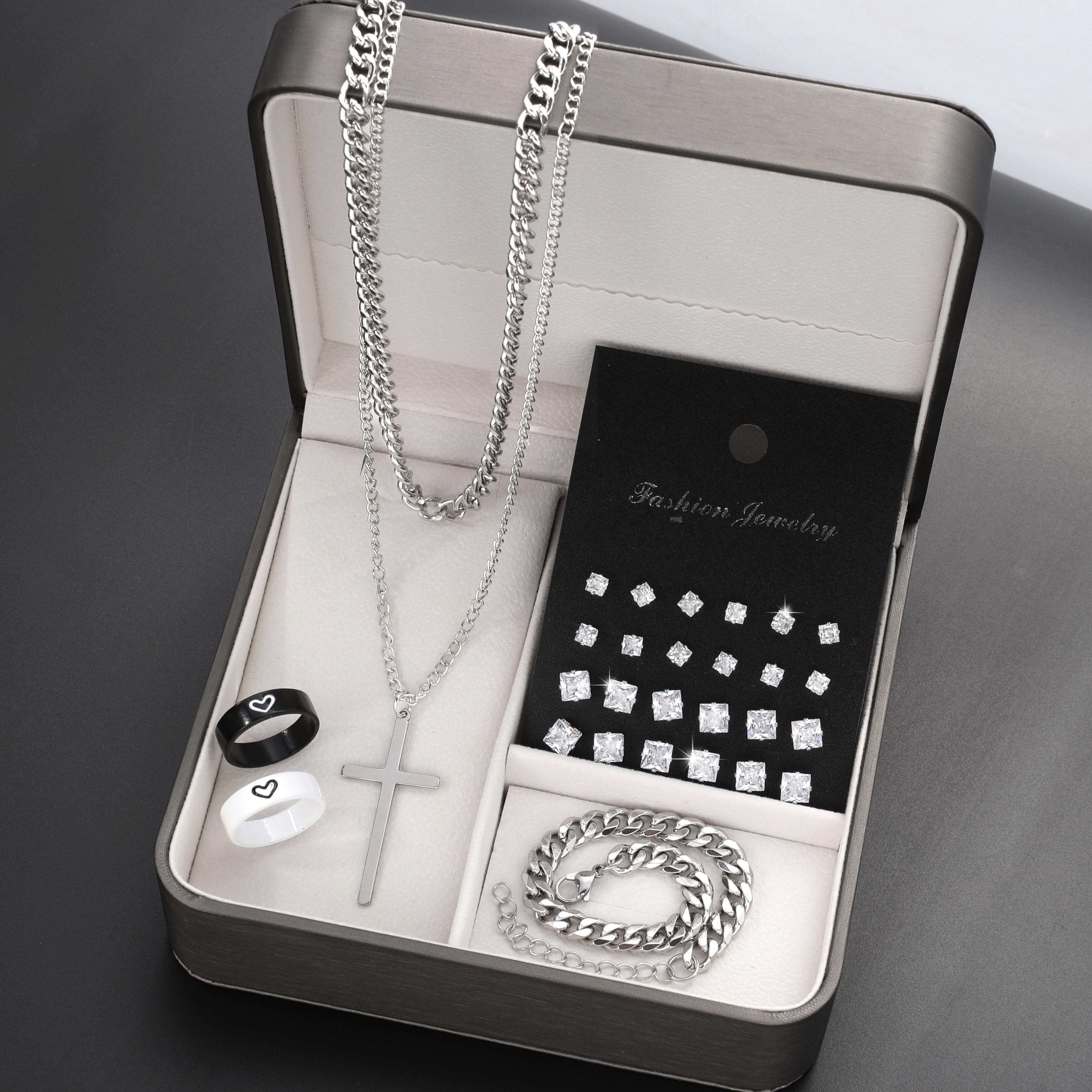 

Комплект повседневных украшений из нержавеющей стали IF ME из 28 предметов, включая серьги с цирконами, ожерелье с подвеской-крестом и браслет с парными кольцами, (Коробка в комплект не входит)