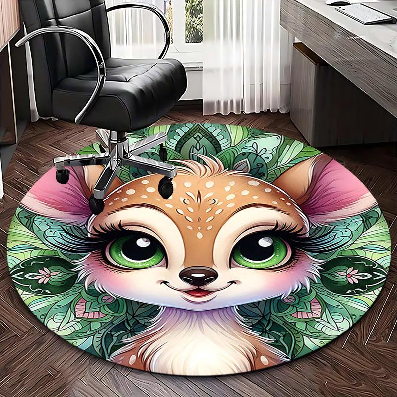 1pc Anime Inspired Forest Creature with Floral Mandala Round Carpet Office Chair Mat, Non Slip Rug for Home Decor, All Seasons