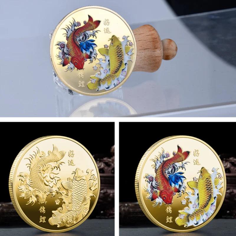 Hot Chinese Fu Koi Commemorative Coin Gold Coin Good Luck To You Color Carp Medal Silver Coins Embossed Metal Craft Badge Gift