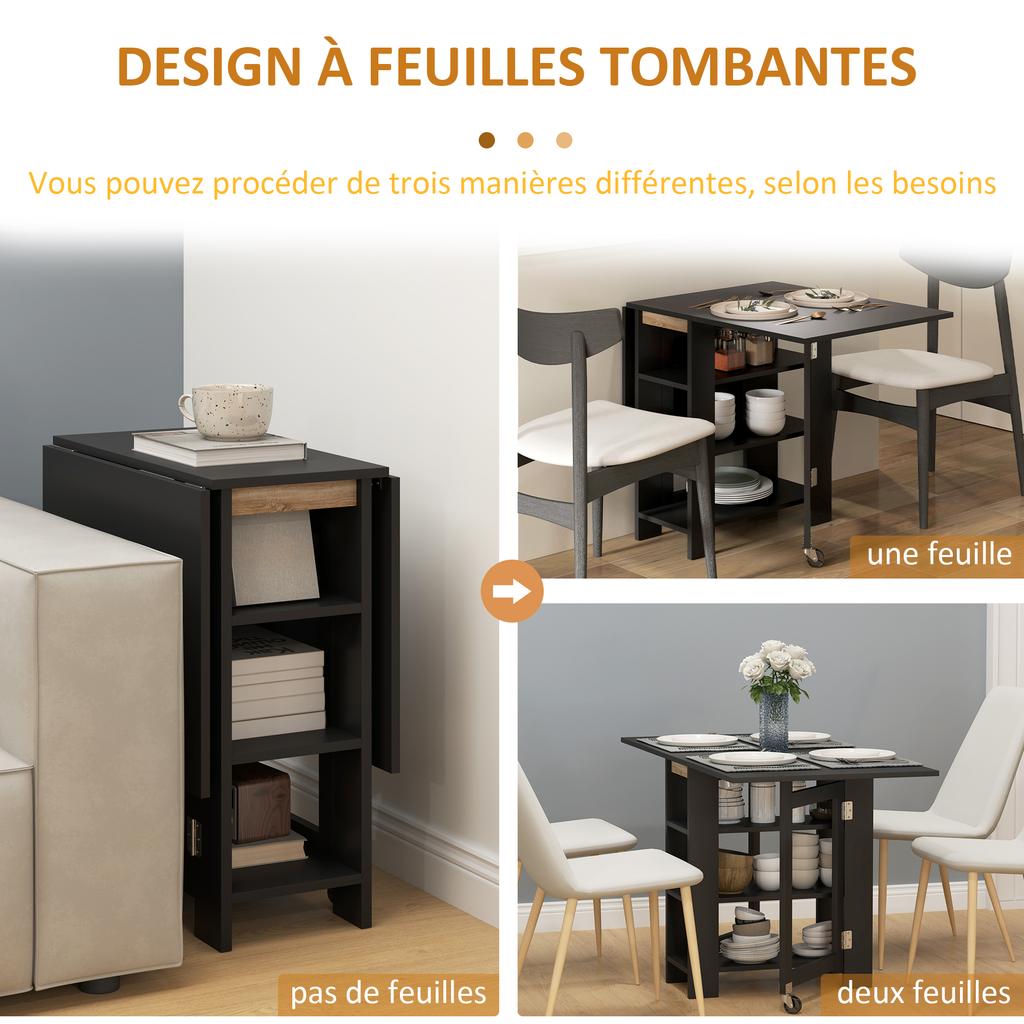 Tavolo da cucina tavolo da pranzo pieghevole rimovibile 3 ripiani 2 allunghe design moderno 120 x 60 x 75 cm nero