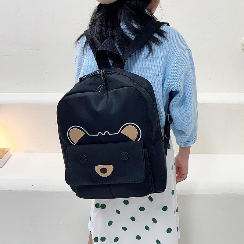 Cartoon Embroidered Bear Backpack Nylon Shoulder Bag with Zipper Closure, Hand Washable