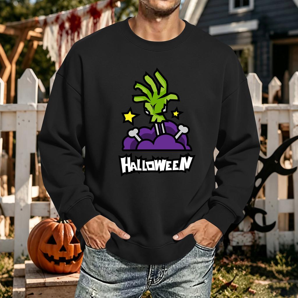 Men's Halloween Printed Long Sleeve T-Shirt Unisex Crewneck Casual Sports Top