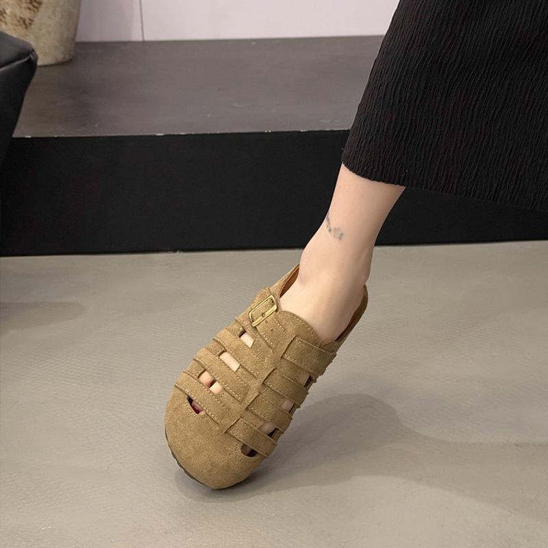 Baotou half slippers women's summer outer wear 2025 new retro woven hollow breathable comfortable flat bottom lazy sandals