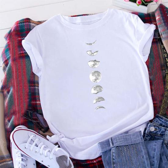 Women Summer Casual O Neck Short Sleeve Moon Print Loose Blouse T-shirt Top