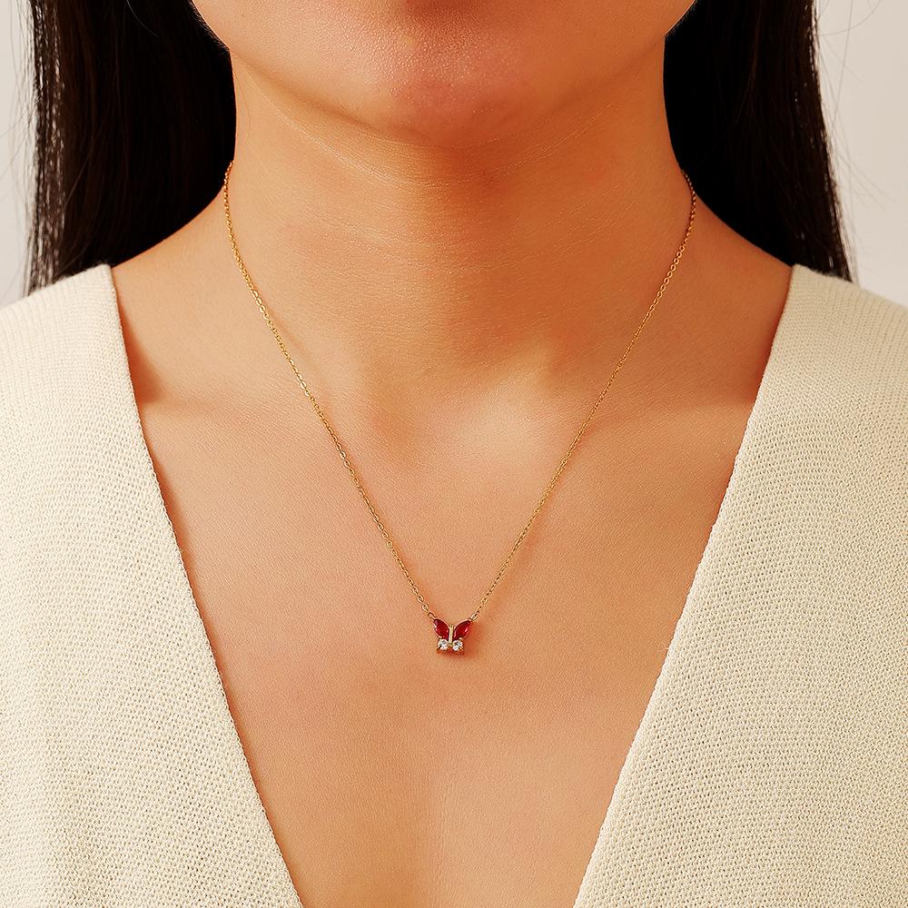 Red Butterfly Zircon Necklace in Stainless and Titanium Steel, 18K Gold-Plated, Colorfast, European-American Style for Women.