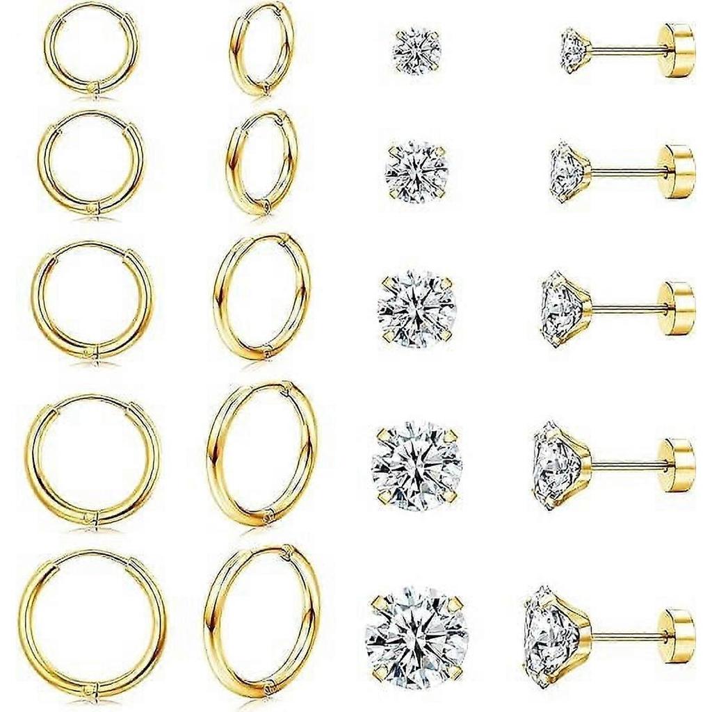 10 Pairs 316L Stainless Steel Earring Set 14K Gold Plated Small Hoop Earrings Flat Back Stud Earrings for Women Men, Gold