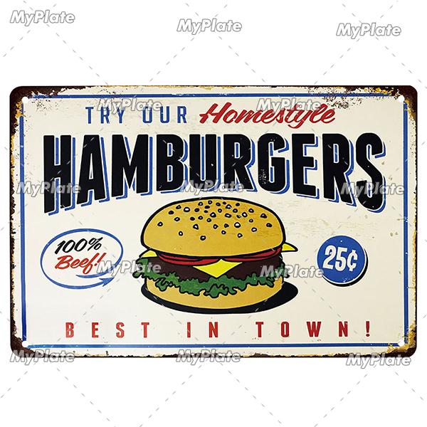 [MyPlate] Hamburger Metal Sign Plaque Metal Vintage Tin Sign Wall Decor For Club Man Cave Bar Decoration Tin Plate