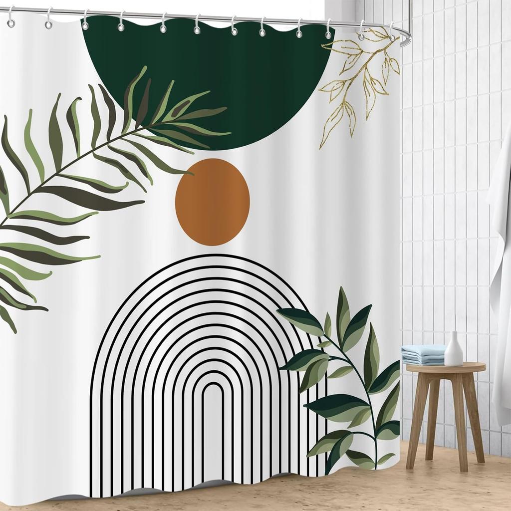Boho Mid Century Shower Curtain,Sage Green Leaves Abstract Geometric Shower Curta for Bathroom Waterproof Fabric Bathroom Shower Curtain Set with