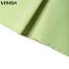VONDA Women Elegant Round Neck Sleeveless Solid Casual Pleated Dress No Belt