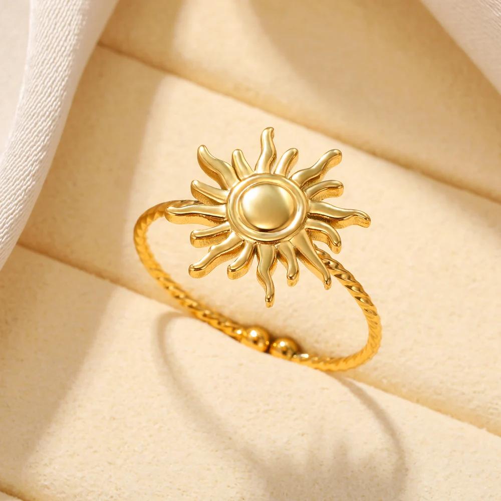 Fashion Sun Open Rings For Women Men Gold Color Stainless Steel Sun Ring Wedding Couple Aesthetic Jewelry Gift bijoux femmes