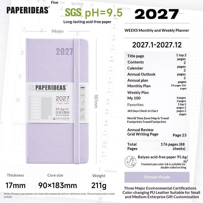 Paperideas Slim 2027 Weekly Planner Notebook PU Hardcover Weeks Journal Acid‑Free Paper Time Organizer Schedule Hand Book