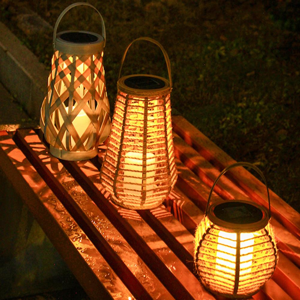 Outdoor Solar Light Solar Rattan Lantern Hanging Bamboo Lamp with Handle Solar Powered Decorative Candle Light Garden Decoration