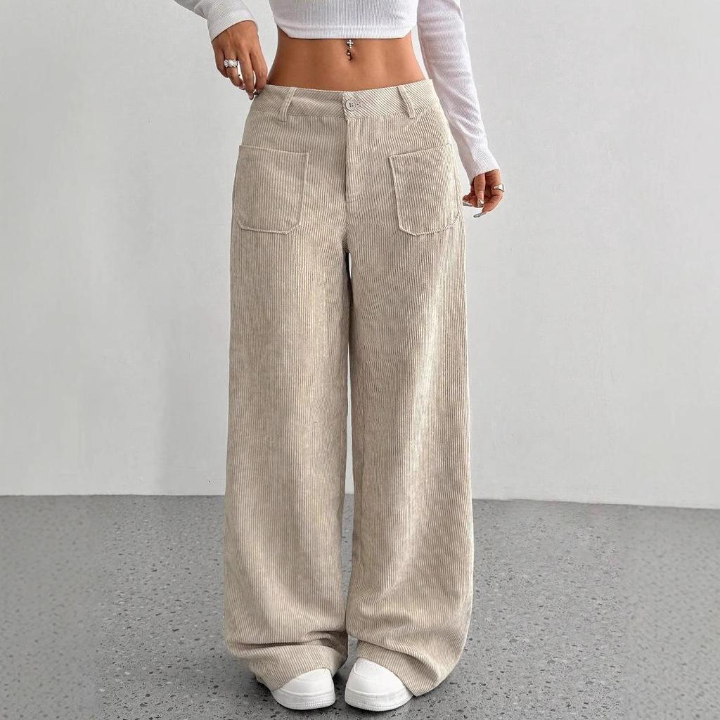 Pantalones de Pana de Pierna Ancha de Cintura Alta con Bolsillos
