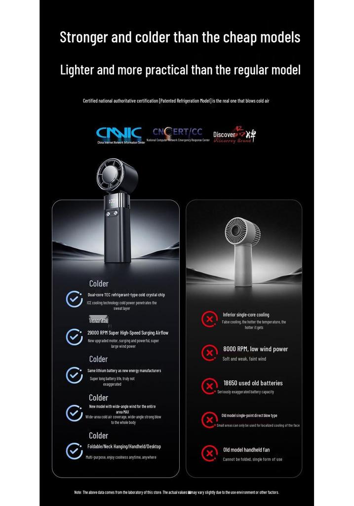 Portable USB Foldable Handheld Fan with Digital Display and Semiconductor Refrigeration Technology.