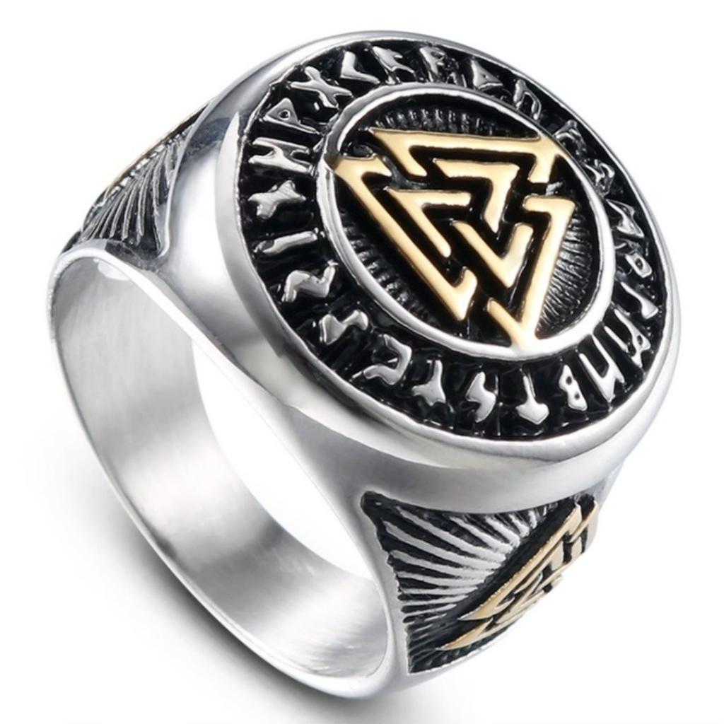 Fashion Punk Mens Gold and Silver Color Viking Stainless Steel Biker Rings Vikings Triangle Odin Nordic Jewelry Size 7-14