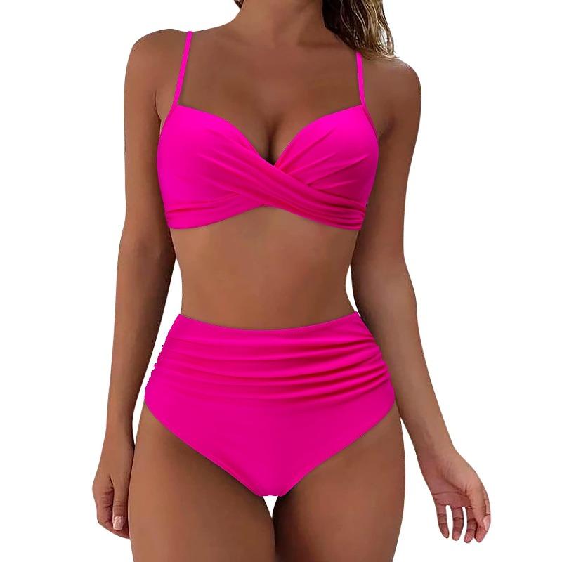 Meerkleurige print gesplitste effen kleur ruches bikini hoge taille badpak strak