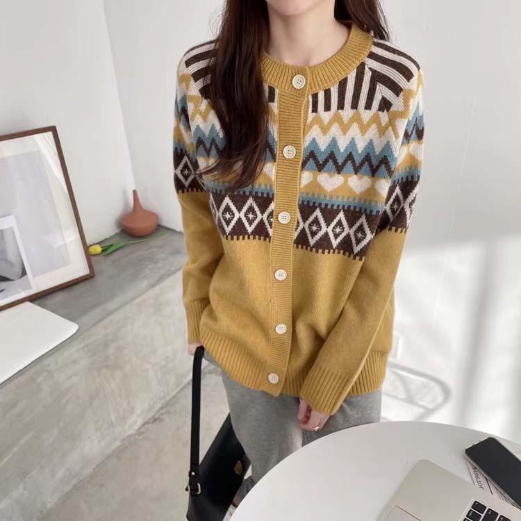 Damen Retro Jacquard Rundhals Locker Gestrickte Strickjacke Frühling Herbst Ethnischer Stil Pullover Mantel Top