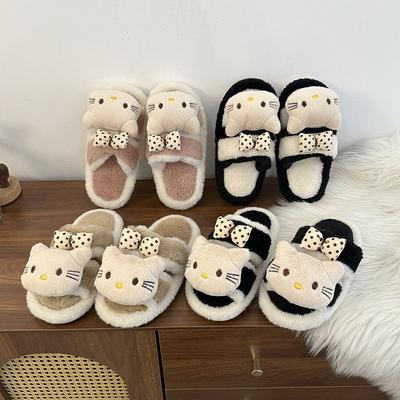 Cute Cartoon Bow Kitten Fluffy Slippers Women's Season Warm Women's Word Slippers