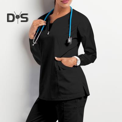 Sjuksköterska Uniform Topp med 4 fickor Dragkedja Halv knappslå Långärmad sidoslits nederkant Lös passform Nurse Scrub Top Arbetskläder