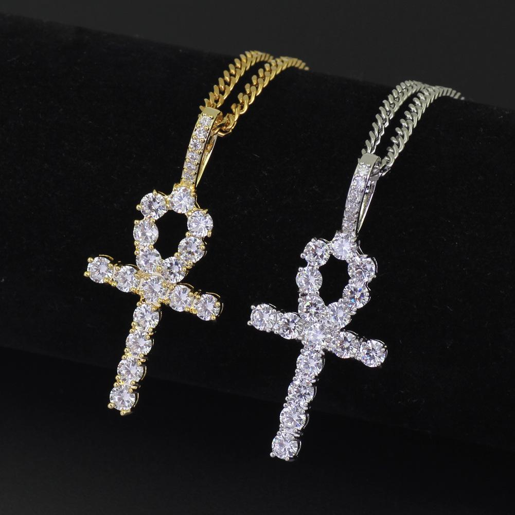 Copper European American Hip Hop Zirconia Ankh Cross Men's Necklace