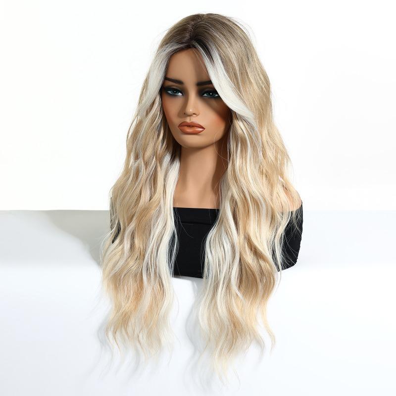 Hot-selling gradual change blond wig long curly hair chemical fiber hair high temperature silk female full headgear wigs factory spot