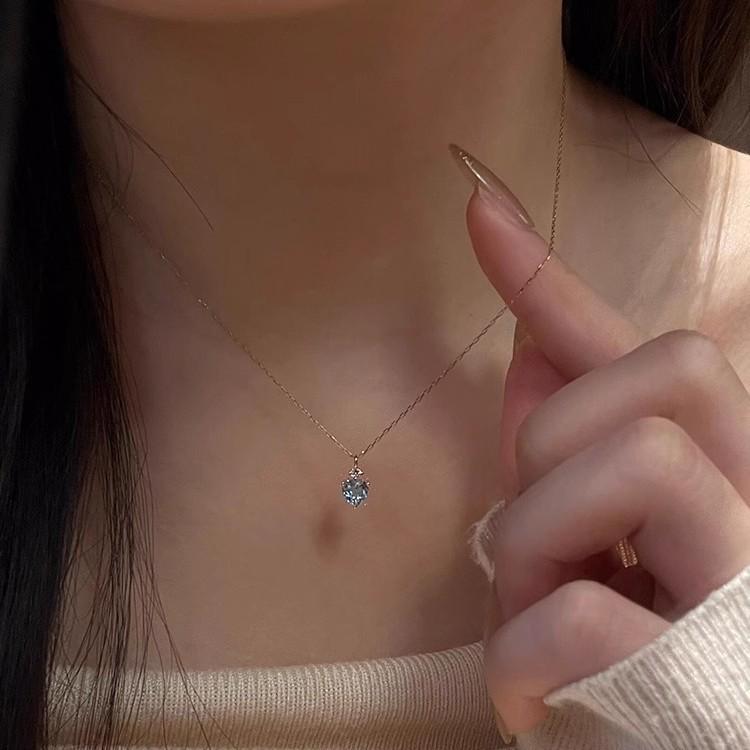 Blue Ocean Heart Aquamarine Rhinestone Pendant Necklace