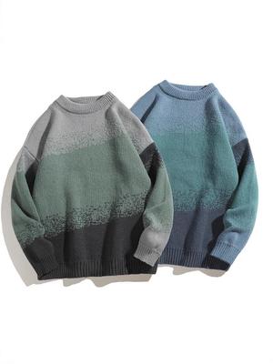 Men's Retro Gradient Color Block Knit Sweater - Round Neck, Loose Fit, Autumn/Winter Style