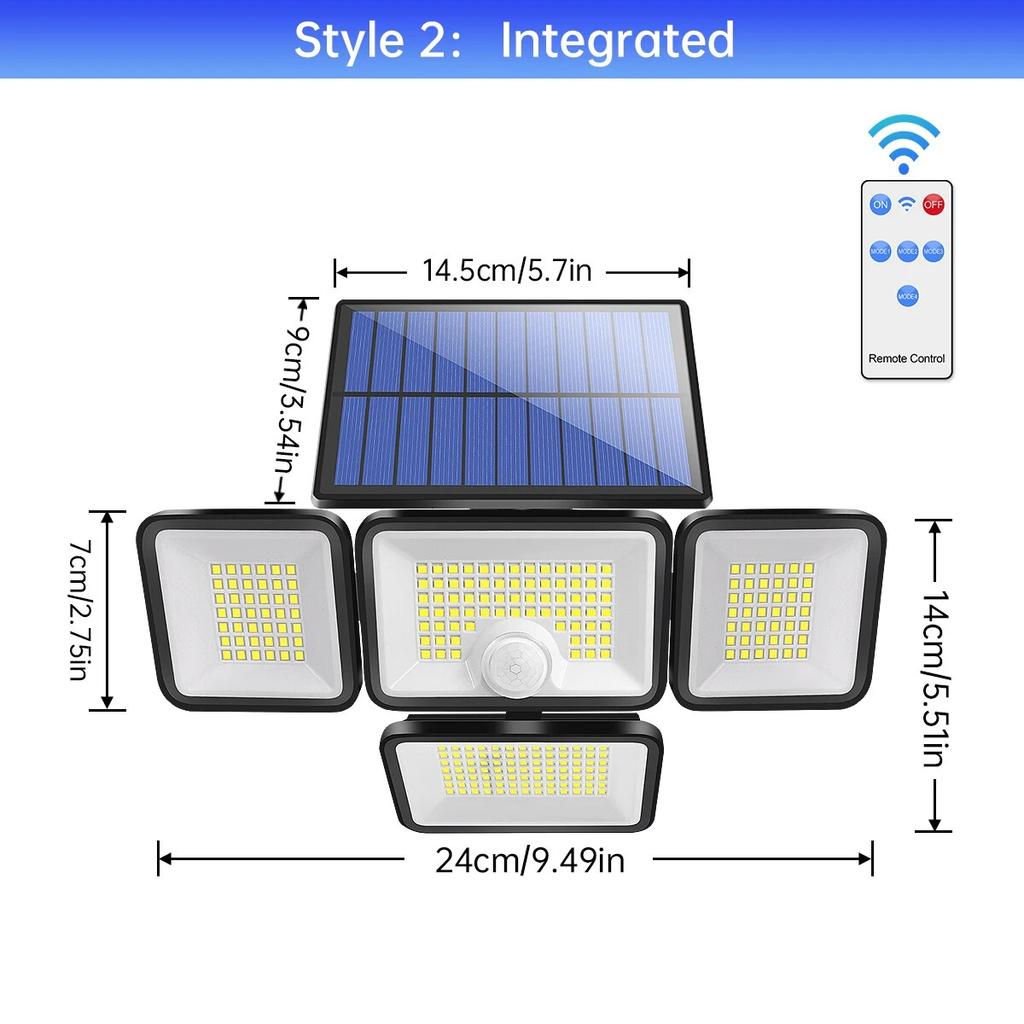 Solar Lights for Outside 247 LED IP65 Waterproof 800lm Solar Wall Lamp with Remote Control 4 Heads Solar Flood Street Light