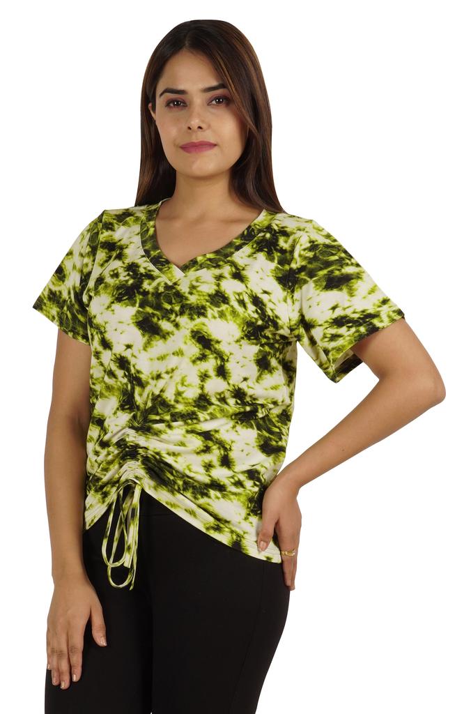 Moomaya Tie Dye Short Sleeve Ruching Tops For Women V-Neck Casual Jersey Tee