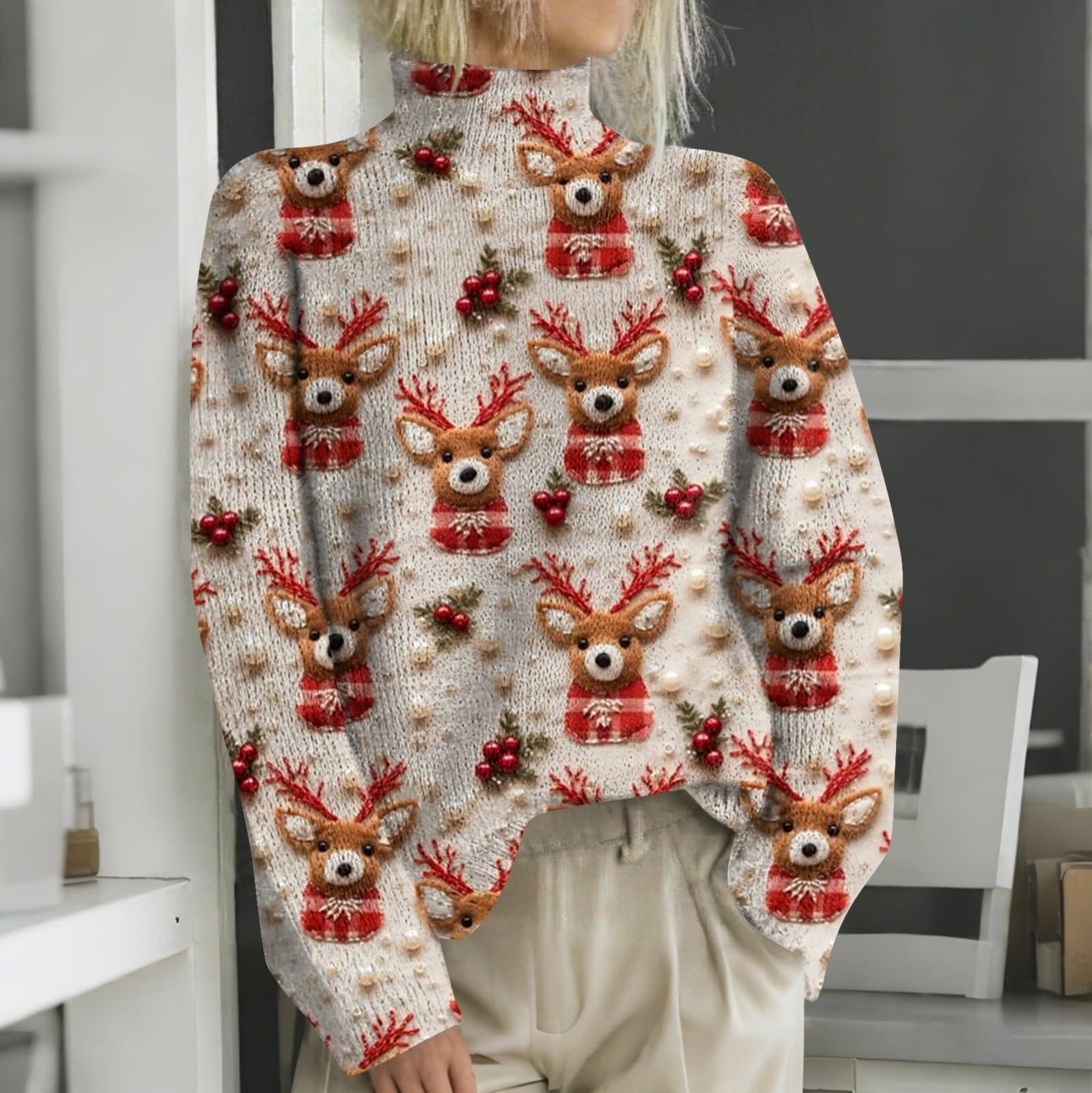 Рождественские толстовки для женщин Вязаный свитер Милая рубашка Осенняя водолазка Пуловер Топы XXL
