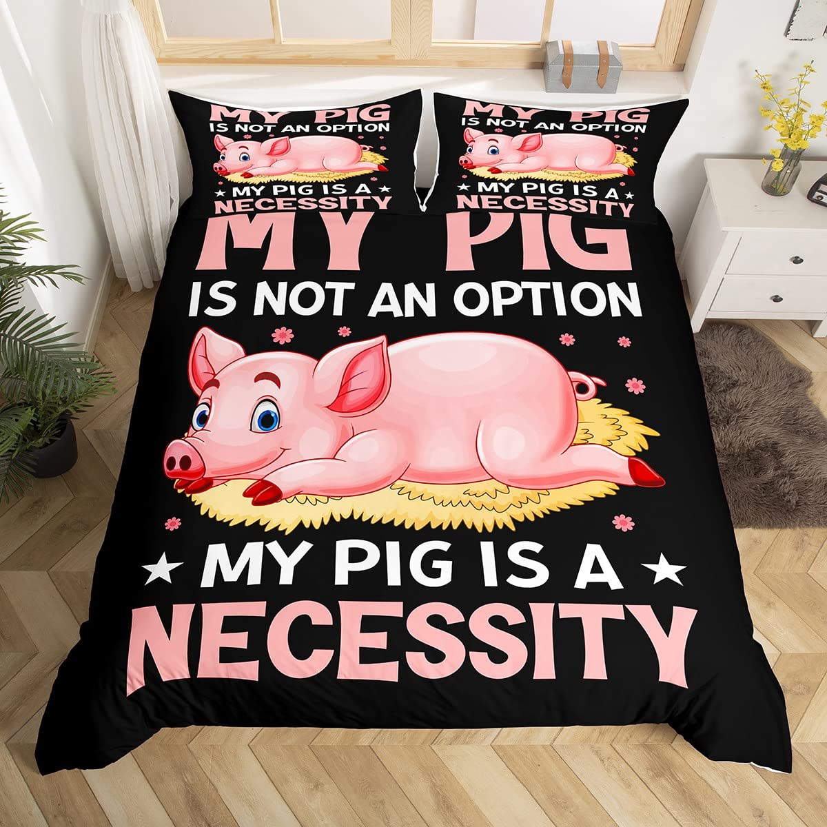 

Pink Pig Duvet Cover Set King Size Flower Pigs Print Comforter Cover Plaid Grid Print Bedding Set 3pcs for Boys Girls Room Decor EU Single(135x200cm)