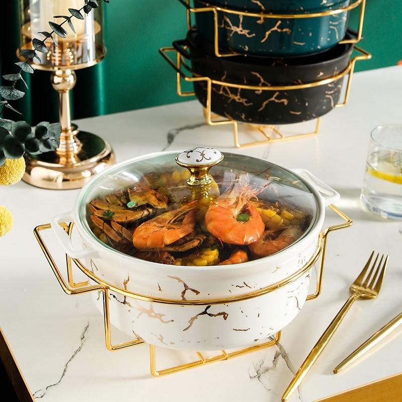 Marble Gold Pattern Nordic Double Ear Ceramic Pot Household Round Soup Pot Tableware Creative Casserole Rack With Candle Holder