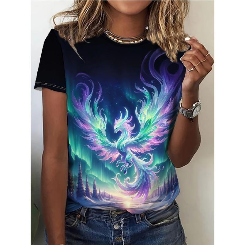 Black women s T-shirt with rainbow color - Fantasy print design featuring the patterns of swallows and auroras, suitable for daily casual wear. XL
