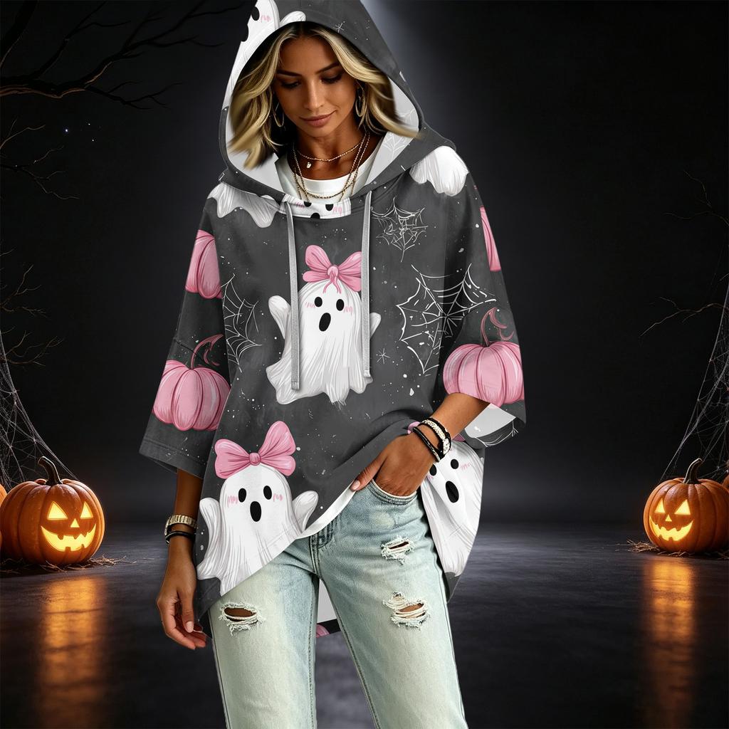 Women's 3/4 Sleeve Hooded Pullover Top with Halloween Print