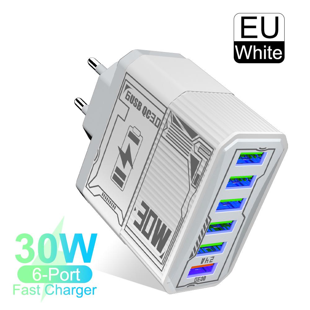 30W 6-Port USB QC3.0 Fast Charger Adapter - EU, US, UK, AU Plug