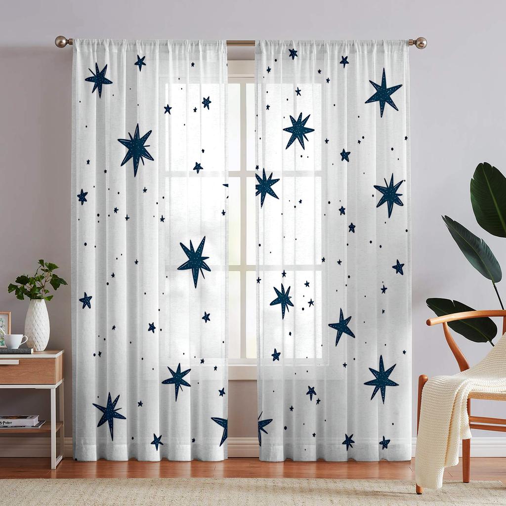 2 pieces HD digital Blue pentagram  printed window screen home decor style decoration living room window screening