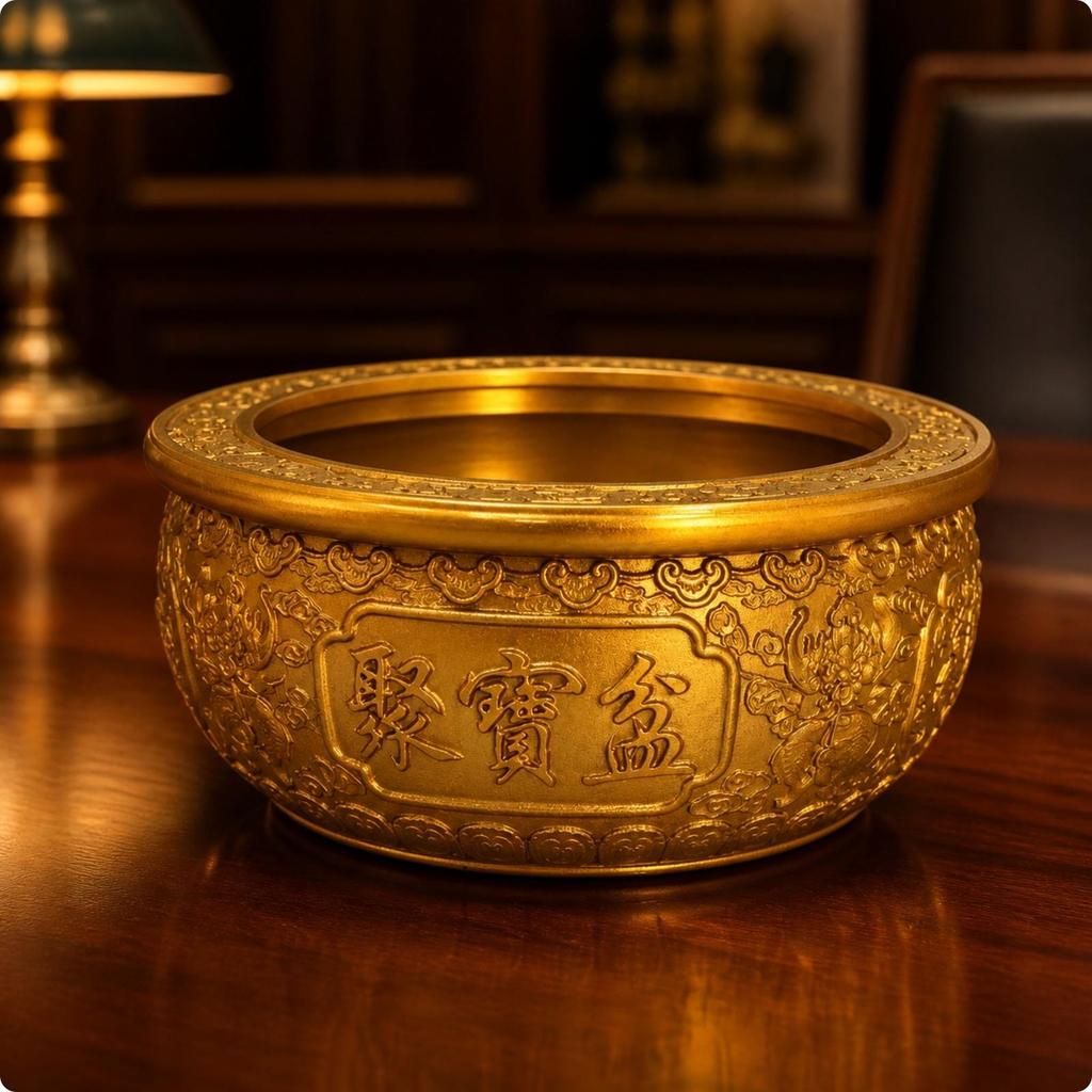 Chinese-Style Feng Shui Treasure Bowl Gold-Colored Decorative with Embossed